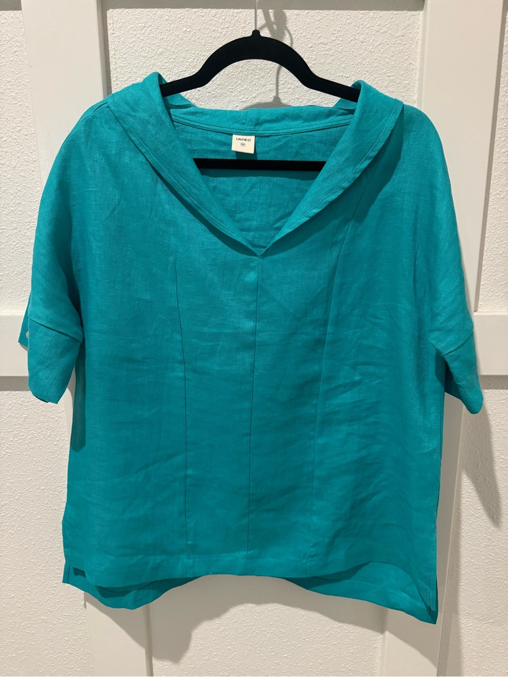 New! Lintco Turquoise Linen V-Neck Short Sleeve Top - Picture 3 of 6